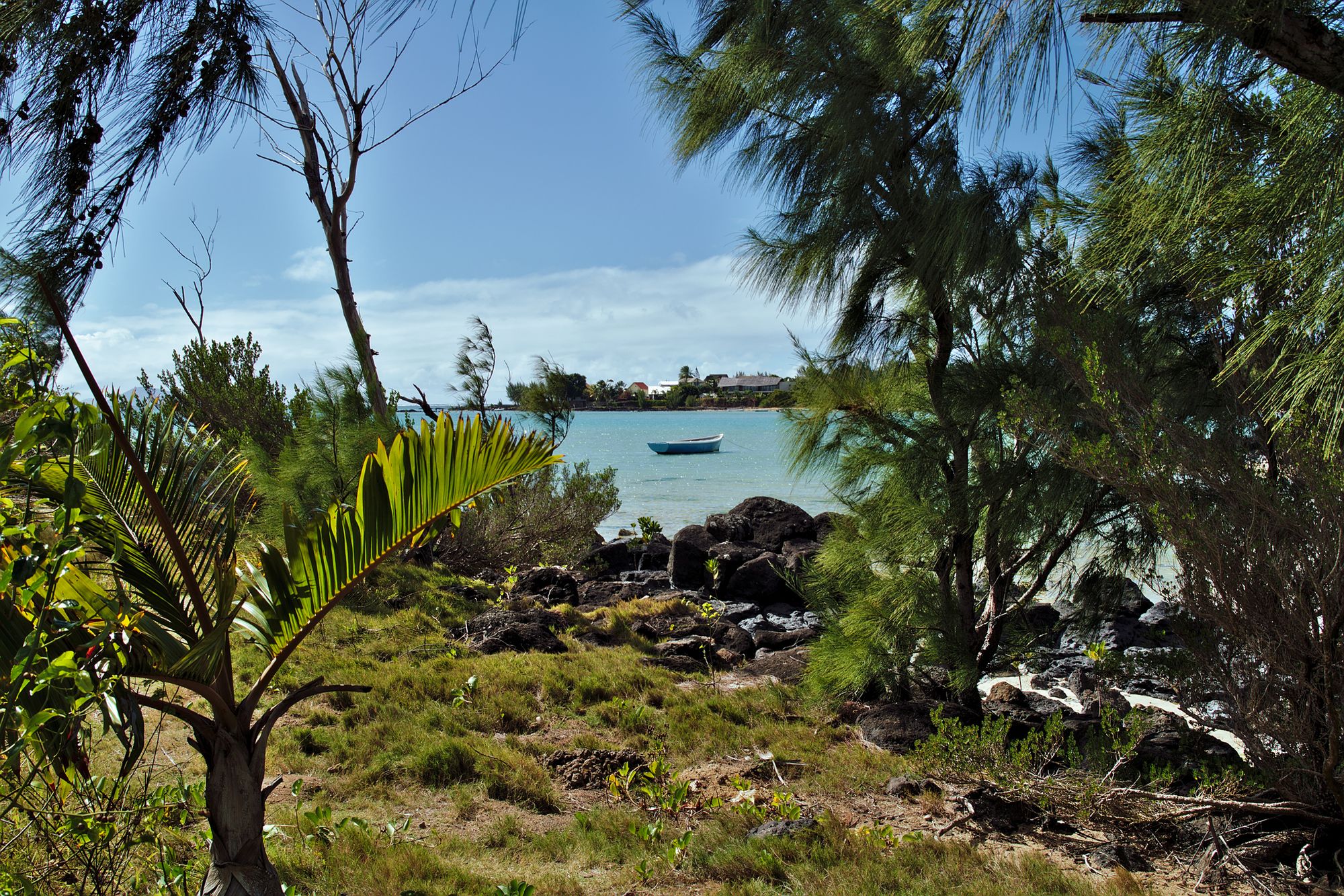 En liten fiskebåt ligger i det krystallklare vannet. I forgrunnen sees palmer og annen grønn vegetasjon, og i vannkanten ligger det flere litt større steiner.