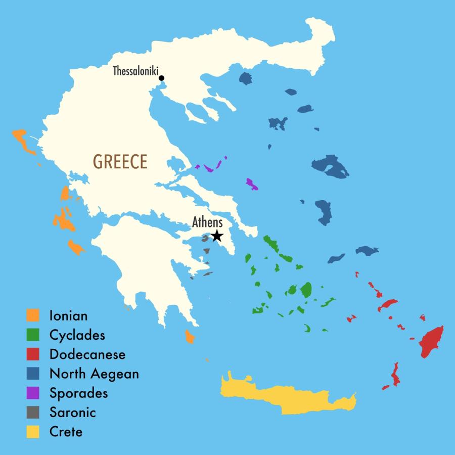 Kart over alle øygruppene i Hellas i tillegg til Kreta