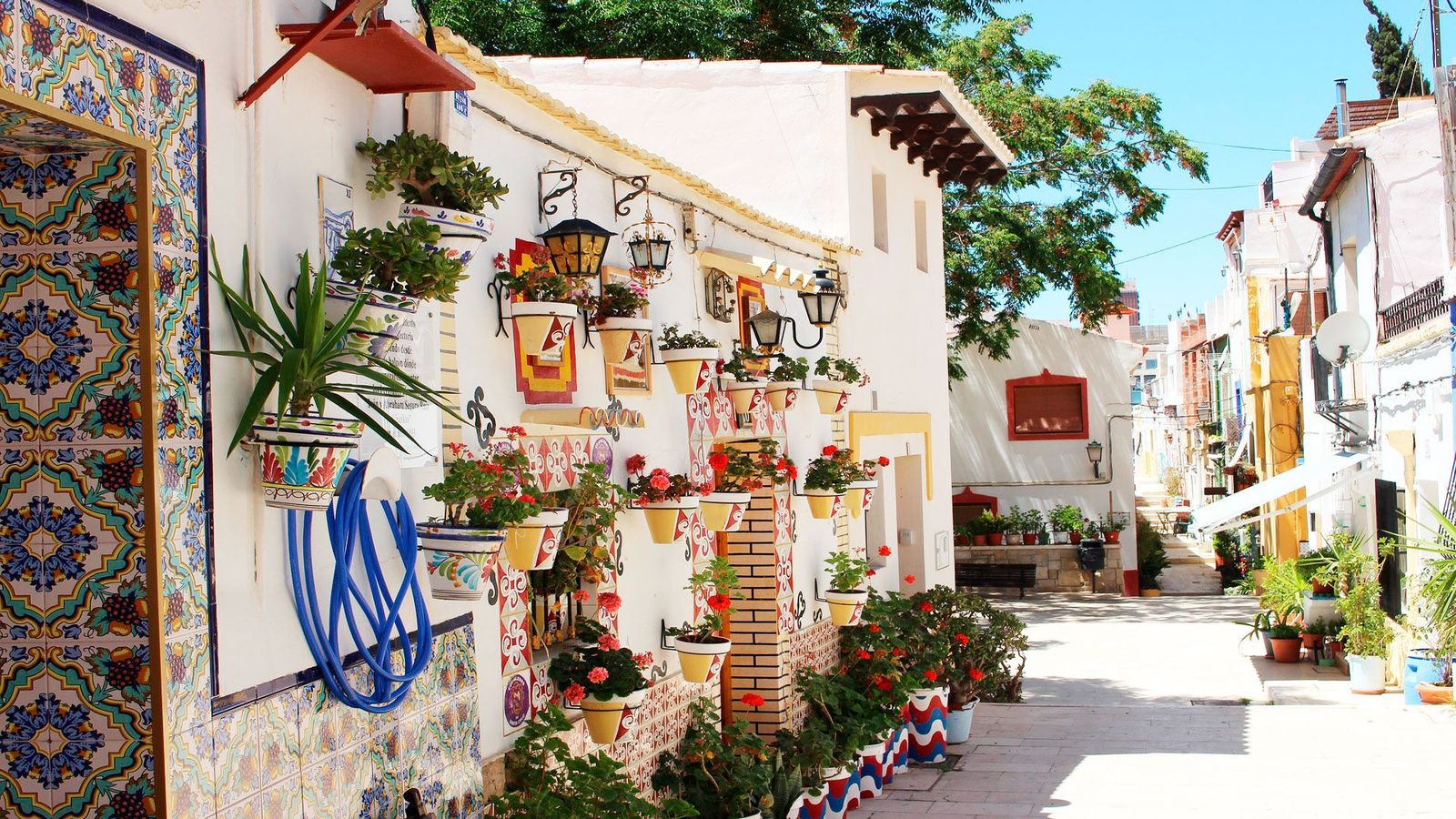 Smale gater med hvite hus og blomster i gamlebyen i Altea