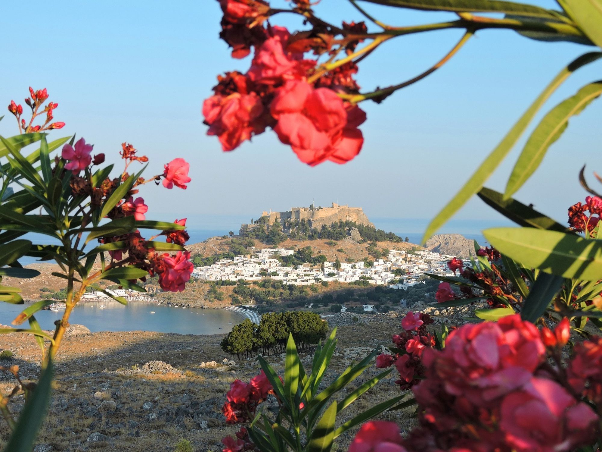 Panoramautsikt over Lindos på Rhodos med havet og Akropolis i horisonten