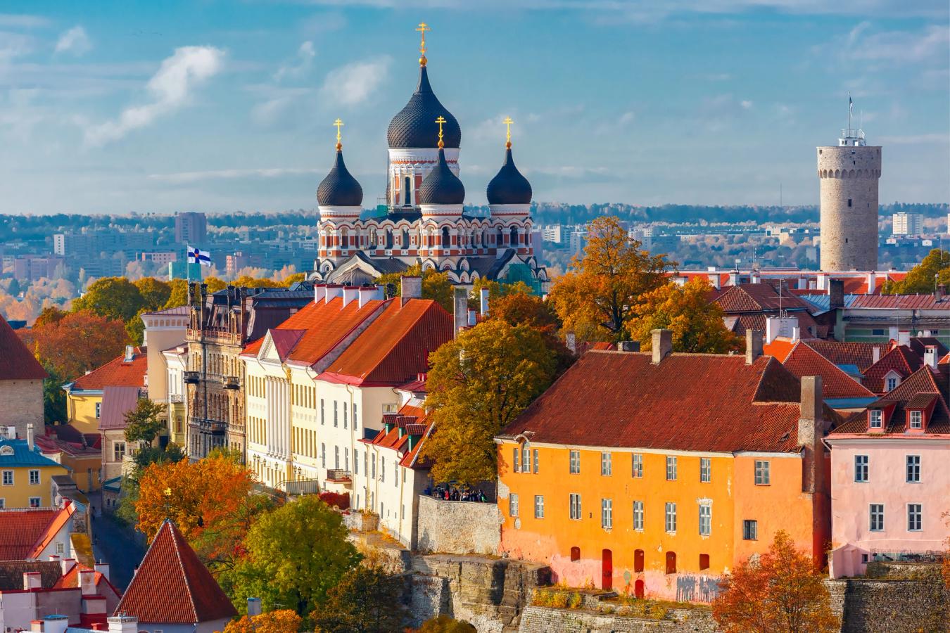 På bildet ser man fargerike hus i byen Tallinn med Alexander Nevsky-katedralen i bakgrunnen. 