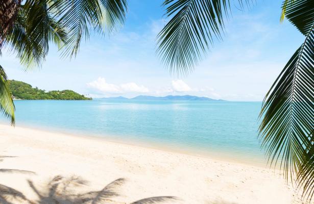 Hvide sandstrande med palmer og krystalklart, turkisblåt hav i Thailand