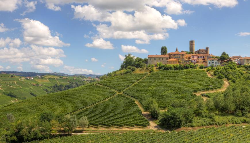 Utsikt over de endeløse vinmarkene og en gammel historisk landsby i Piemonte i Italia