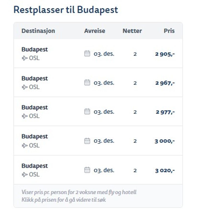 Et eksempel på hvordan en priskalender for restplasser kan se ut, med priser, destinasjoner og flyplassinformasjon