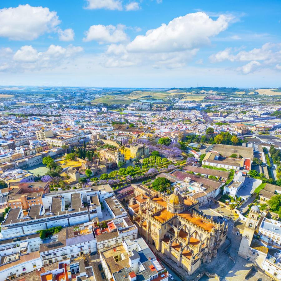 Luftfoto av Jerez de la Frontera med katedralen og Alcázar de Jerez i Andalucía, Spania