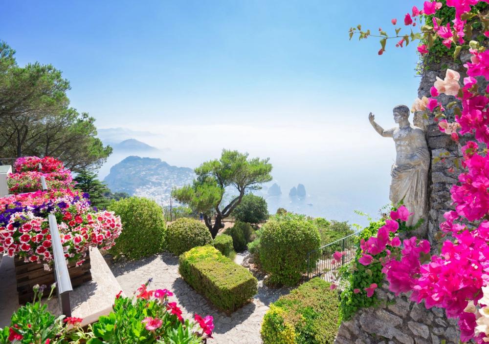 Grønt og frodig med vakre rosa blomster og utsikt over havet på Capri i Italia