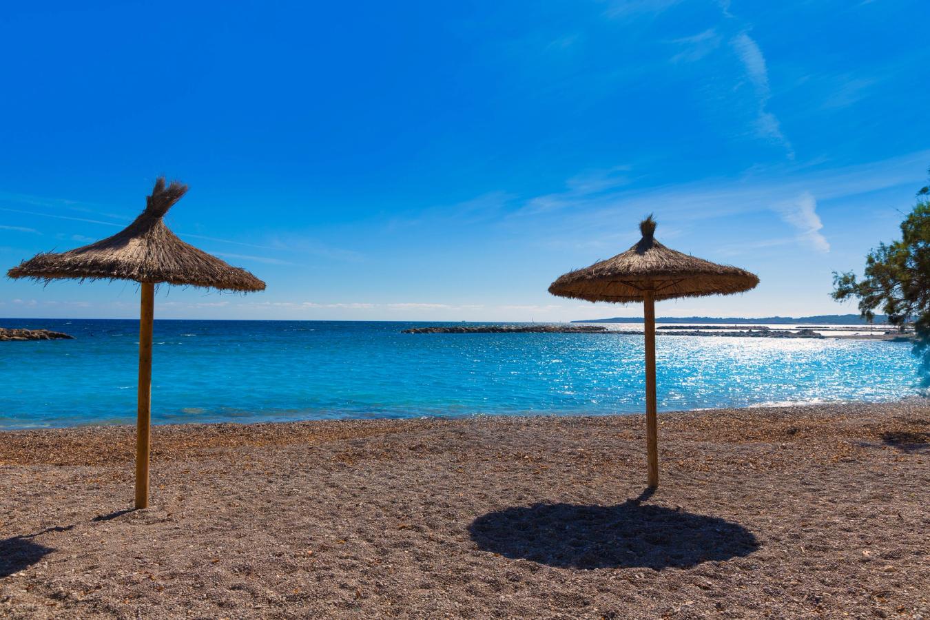 En fin sandstrand med palmparasoller och glittrande, ljusblått vatten vid Cala Bona