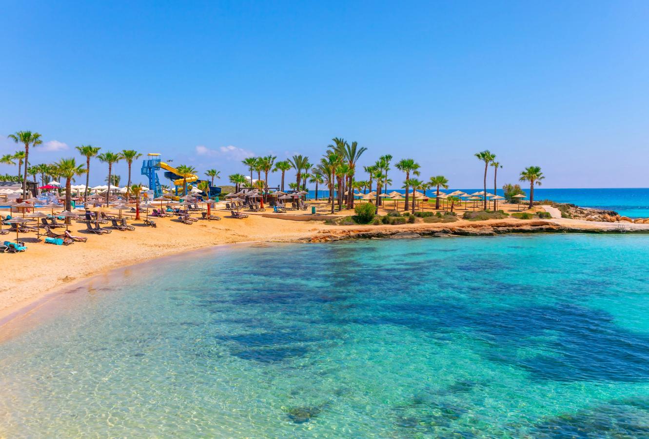 En klassisk strand på Cypern ses til venstre i billedet. På stranden står flere palmer og solsenge. Til højre ser vi det rolige blågrønne vand – alt under en skyfri himmel.