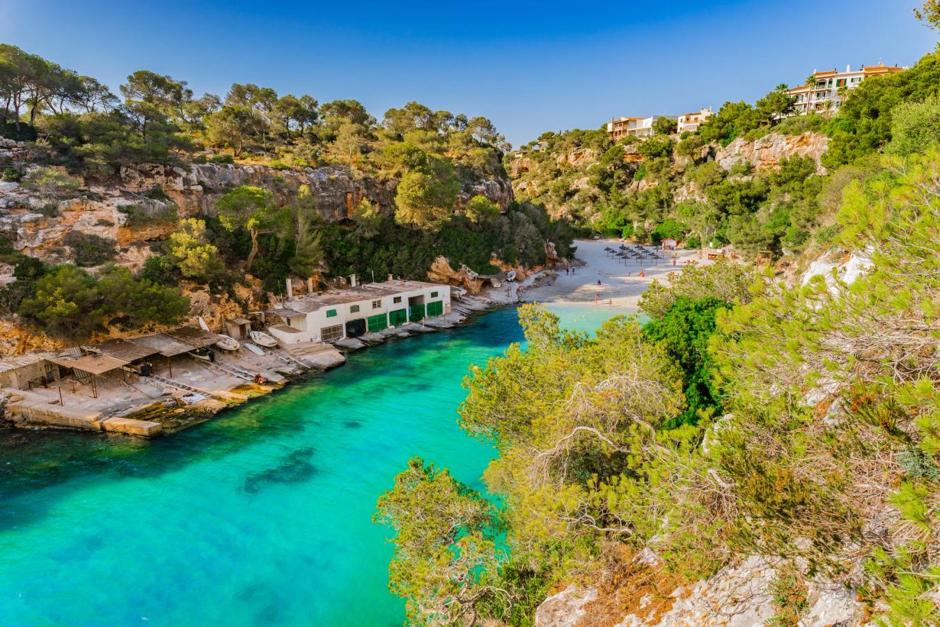 Viken vid Cala Pi med klart, grönt vatten och klippiga sluttningar täckta av träd