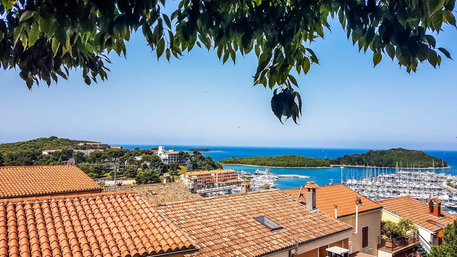 Udsigt fra en højtliggende position i Vrsar med kig ud over røde tegltage, en lystbådehavn fyldt med sejlbåde, grønklædte småøer og det blå Adriaterhav i baggrunden. Øverste del af billedet er indrammet af skyggefulde trækroner.