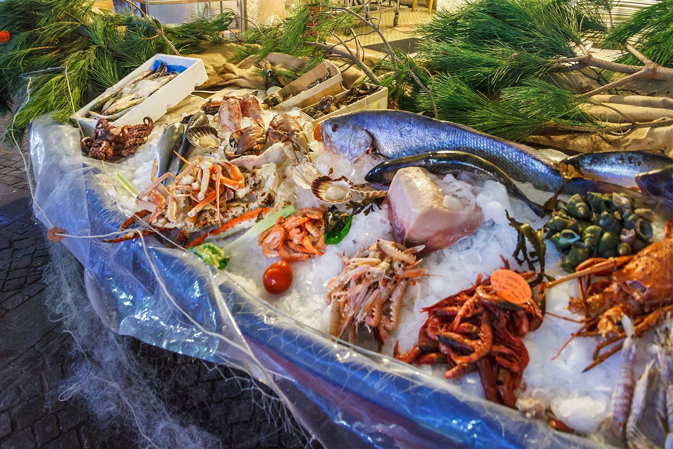 Stort udvalg af frisk fisk og skaldyr i byen Garda ved Gardasøen i Italien