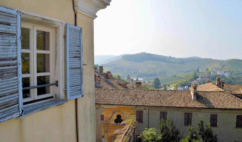 Udsigt over middelalderbyen og landskabet omkring Neive i Piemonte