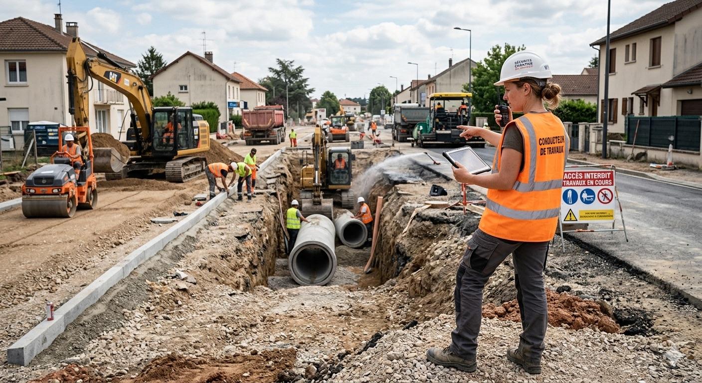 Équipe d'ouvriers ABEST en équipement de chantier orange, en train de consulter des plans sur un site de travaux en ville