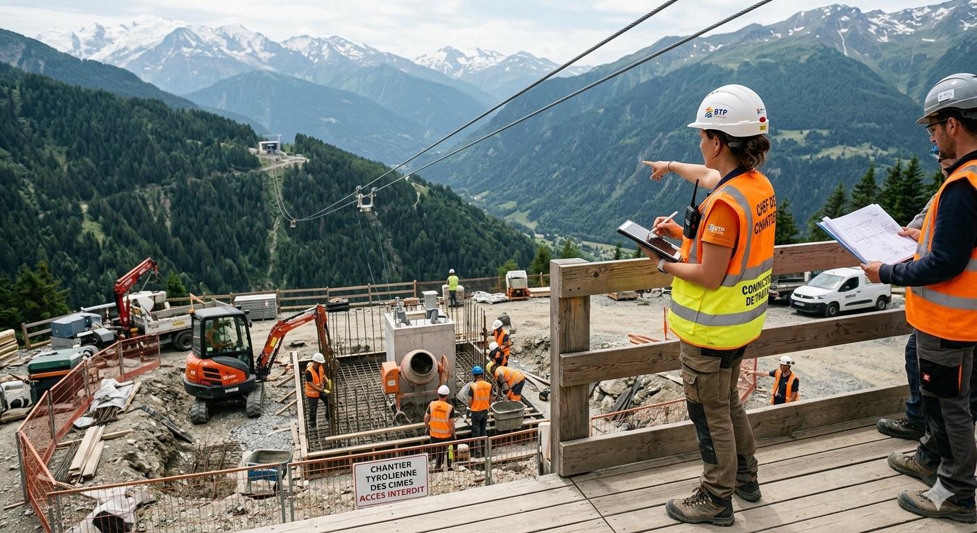Équipe d'ouvriers ABEST en équipement de chantier orange, en train de consulter des plans sur un site de travaux en ville