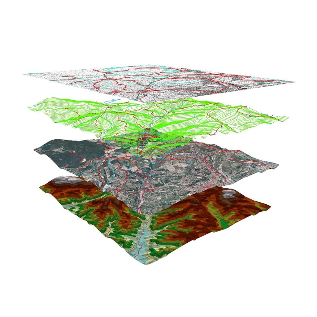 Illustration 3D des couches superposées d'un Système d'Information Géographique : cadastre, courbes de niveau, orthophoto et hypsométrie