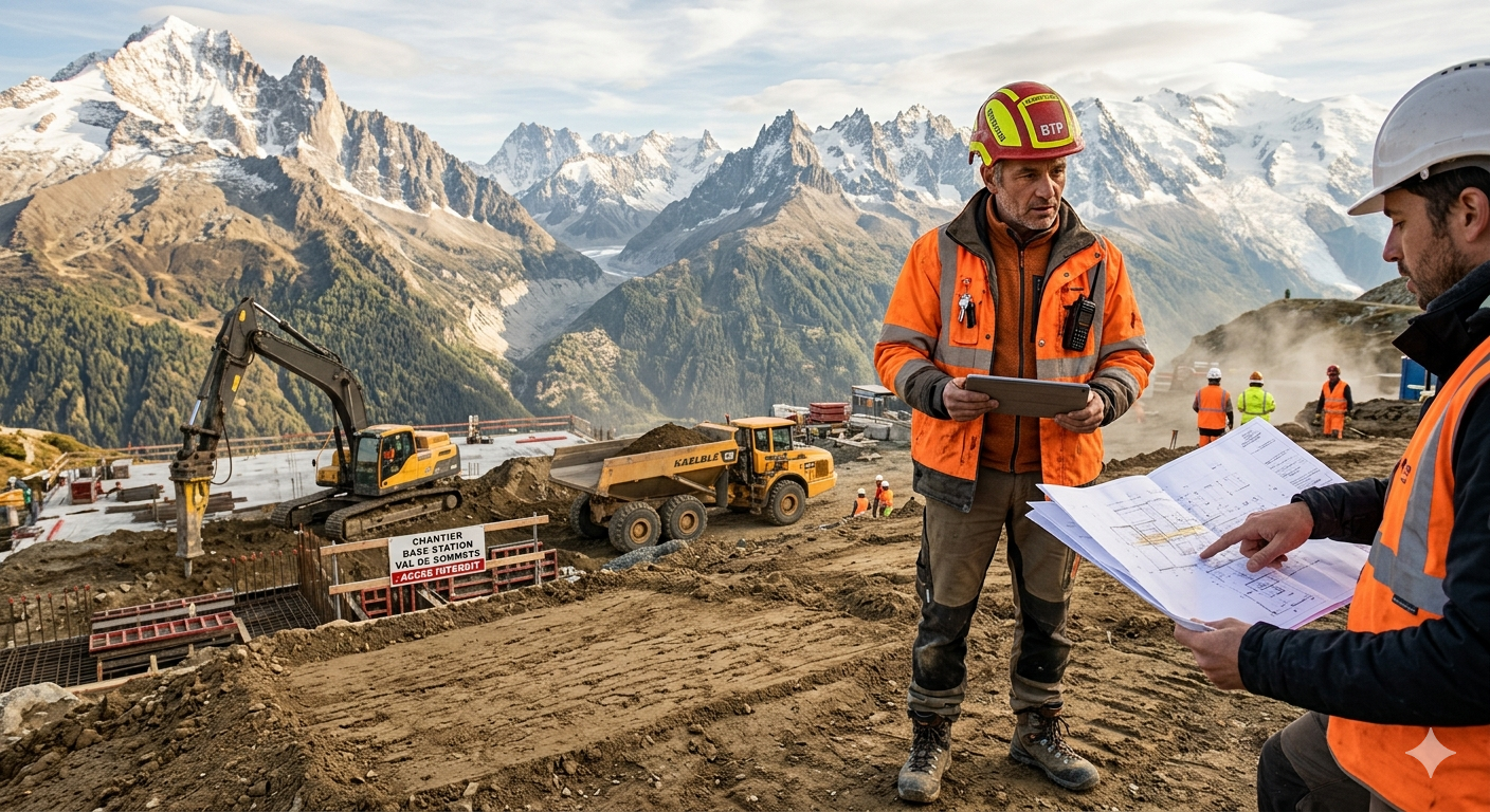 Équipe d'ouvriers ABEST en équipement de chantier orange, en train de consulter des plans sur un site de travaux en haute montagne