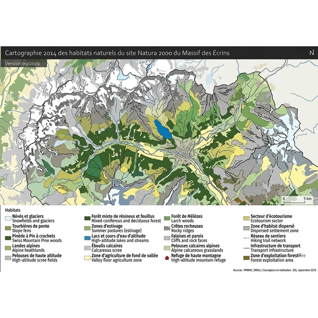 Carte de la végétation et des habitats naturels d'un site Natura 2000 dans le Massif des Écrins
