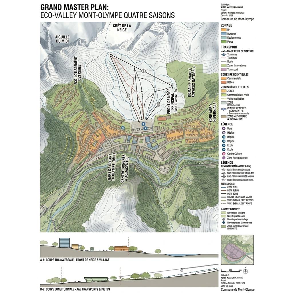 Illustration d'un territoire de montagne intégrant activités touristiques, mobilité et énergies renouvelables
