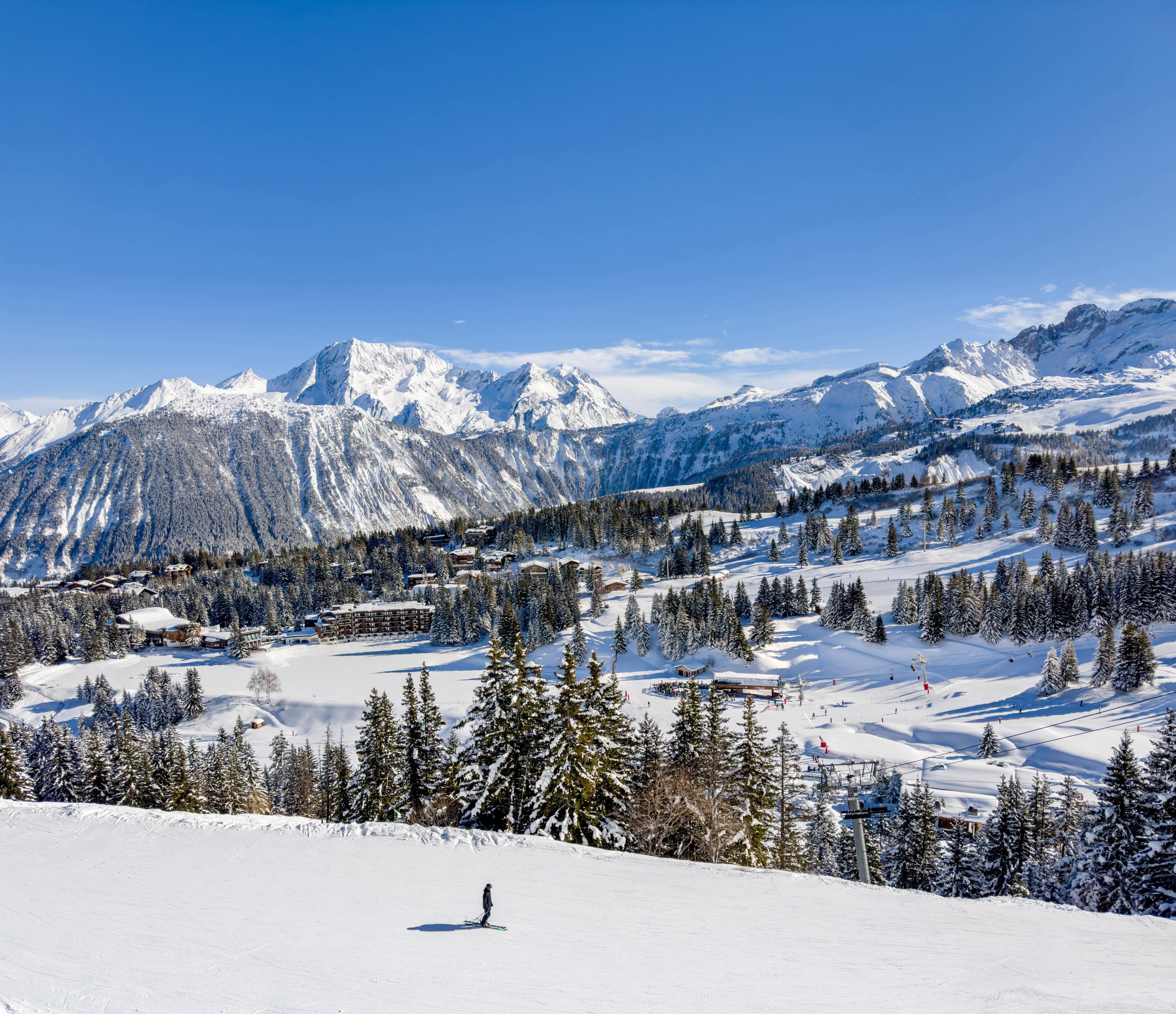 Panorama d'une station de ski en hiver avec pistes damées, chalets et chaîne de montagnes enneigée