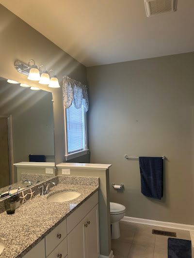 Nelson Painting is a painting company that provides interior painting, shown here after a bathroom gray walls white vanity project