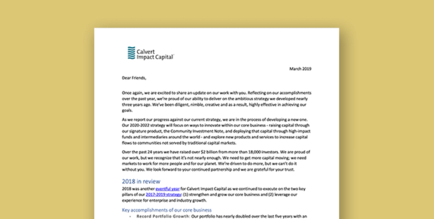 Calvert Impact Capital 2019 Business Update
