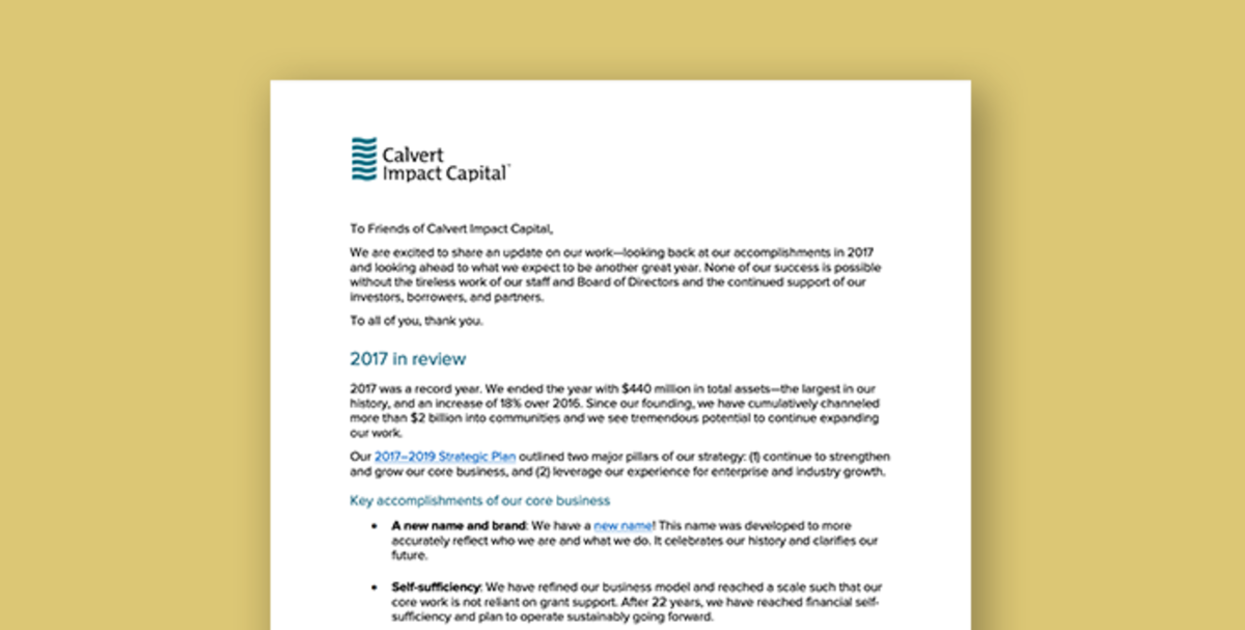 Calvert Impact Capital Expands Work in Under-Resourced Communities Globally; Exceeds $500 Million in Community Investment Note® Balance