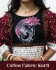 Woman wearing cotton kurti with Malayalam character print, puff sleeves, side pocket, thread work, and hand-painted yoke design – SutiSaaj.
