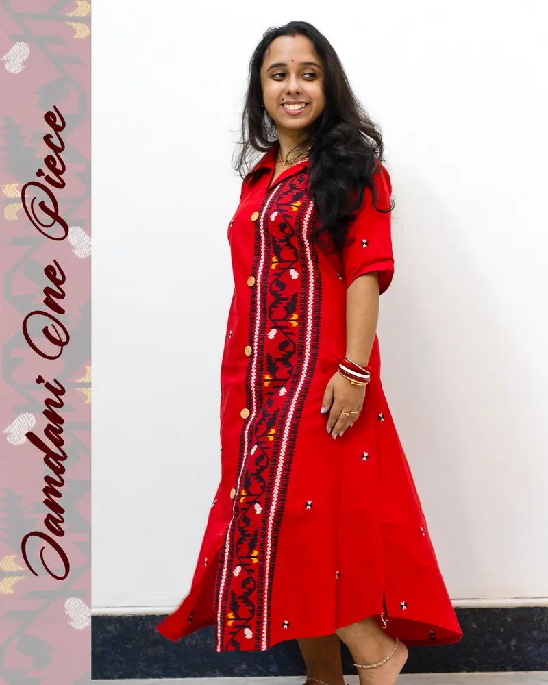 red jamdani one piece dress with black buti work