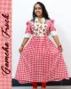 Gamcha frock with floral embroidery and puffed sleeves