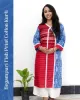 Woman wearing red and blue Begampuri cotton kurti with fish print, mismatch design, lace details, stylish neckline, cuffs, and side pocket – SutiSaaj.