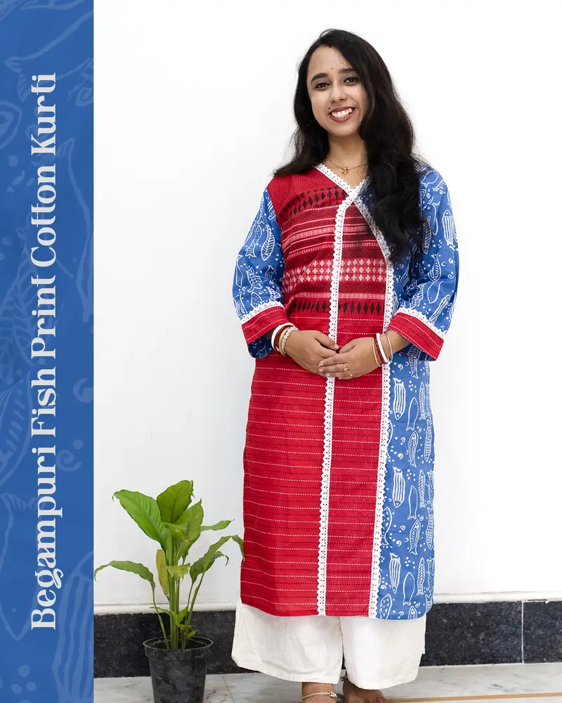 Woman wearing red and blue Begampuri cotton kurti with fish print, mismatch design, lace details, stylish neckline, cuffs, and side pocket – SutiSaaj.