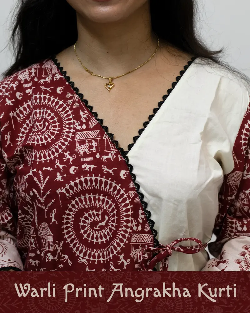 Woman wearing Warli Print Angrakha Kurti with lace detailing and side pockets