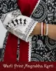 Woman wearing Warli Print Angrakha Kurti with lace detailing and side pockets