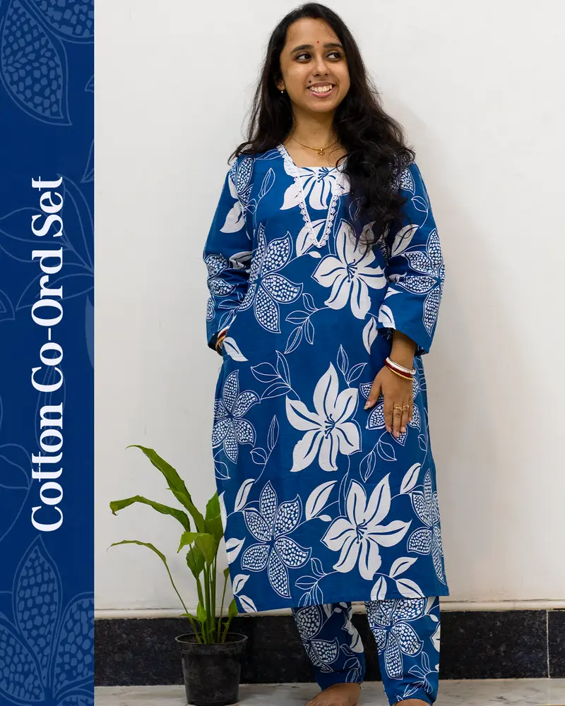 Blue floral pure cotton co-ord set for women with lace v-neck, matching pants, and side pocket – SutiSaaj