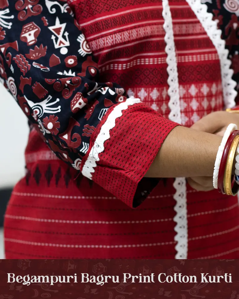Woman wearing Begampuri Bagru Print Cotton Kurti with lace detailing
