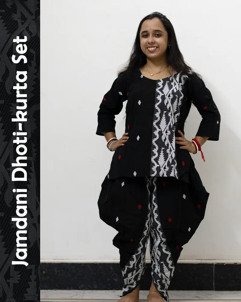 Black Jamdani Dhoti-Kurta Set in pure cotton with handwoven motifs and dhoti-style bottom – festive ethnic wear