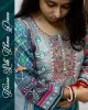 Model wearing Tissue Silk Three Piece Set with mirror work and dupatta