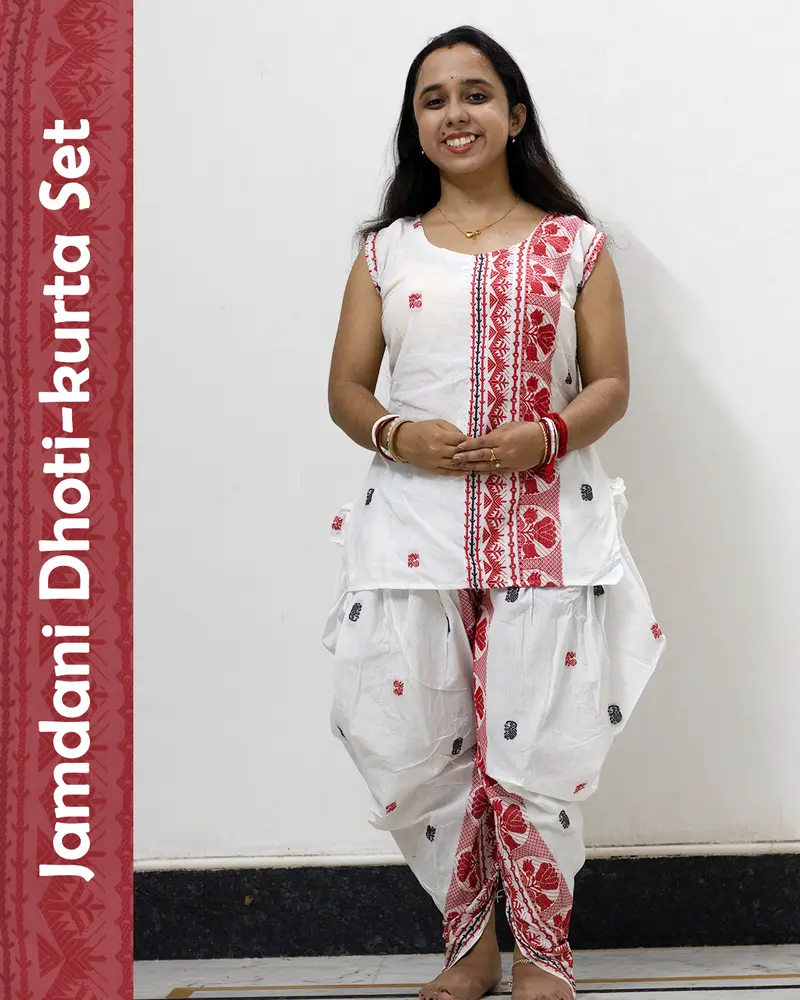 White Jamdani Dhoti-Kurta Set in pure cotton with handwoven motifs and dhoti-style bottom – festive ethnic wear