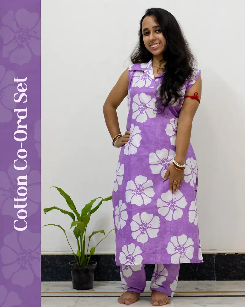 Women’s purple cotton co-ord set styled for office and casual wear – SutiSaaj