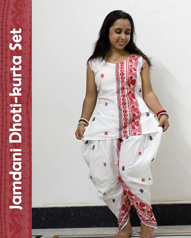 White Jamdani Dhoti-Kurta Set in pure cotton with handwoven motifs and dhoti-style bottom – festive ethnic wear