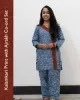 Woman wearing pure cotton Kalamkari print co-ord set with Ajrakh work and Angrakha pattern from SutiSaaj.