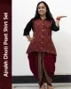 Woman wearing Ajrakh Dhoti Pant Shirt Set with printed shirt and black dhoti pants