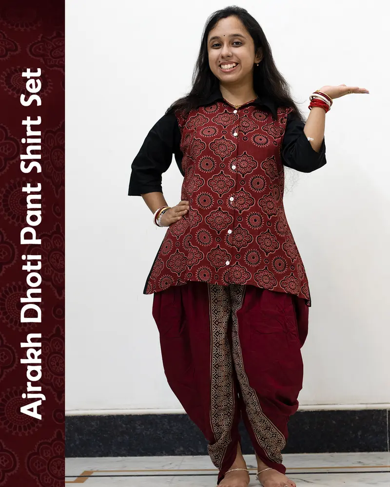 Woman wearing Ajrakh Dhoti Pant Shirt Set with printed shirt and black dhoti pants