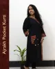 Woman wearing black pure cotton Angrakha kurti with Ajrakh block print, designed cuffs, side pocket, and decorative front buttoned pocket – SutiSaaj.