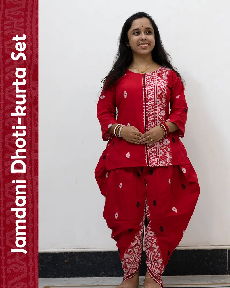 Red Jamdani Dhoti-Kurta Set in pure cotton with handwoven motifs and dhoti-style bottom – festive ethnic wear
