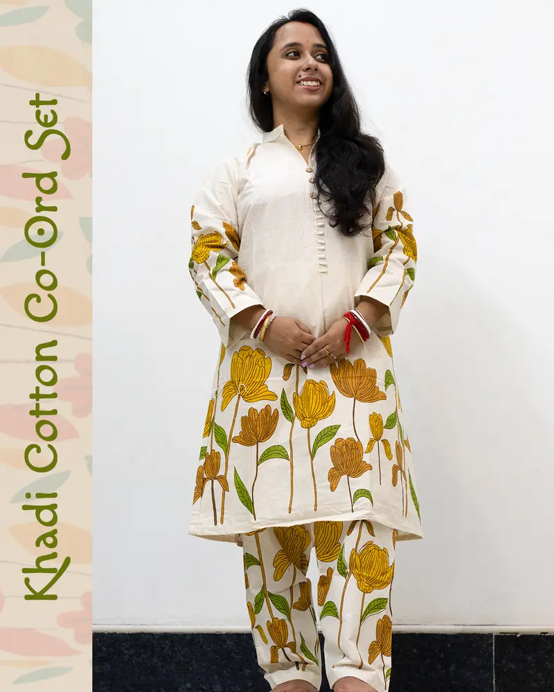 Woman wearing khadi cotton floral co-ord set – Indian summer outfit by SutiSaaj