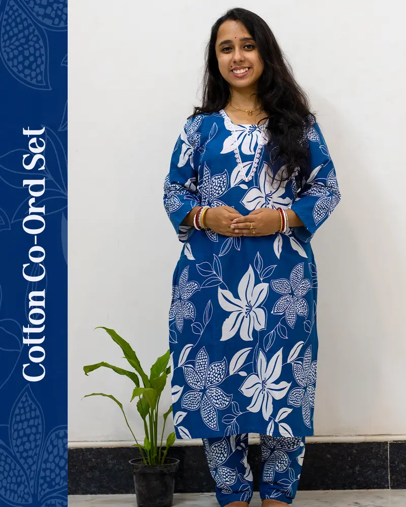 Blue floral pure cotton co-ord set for women with lace v-neck, matching pants, and side pocket – SutiSaaj
