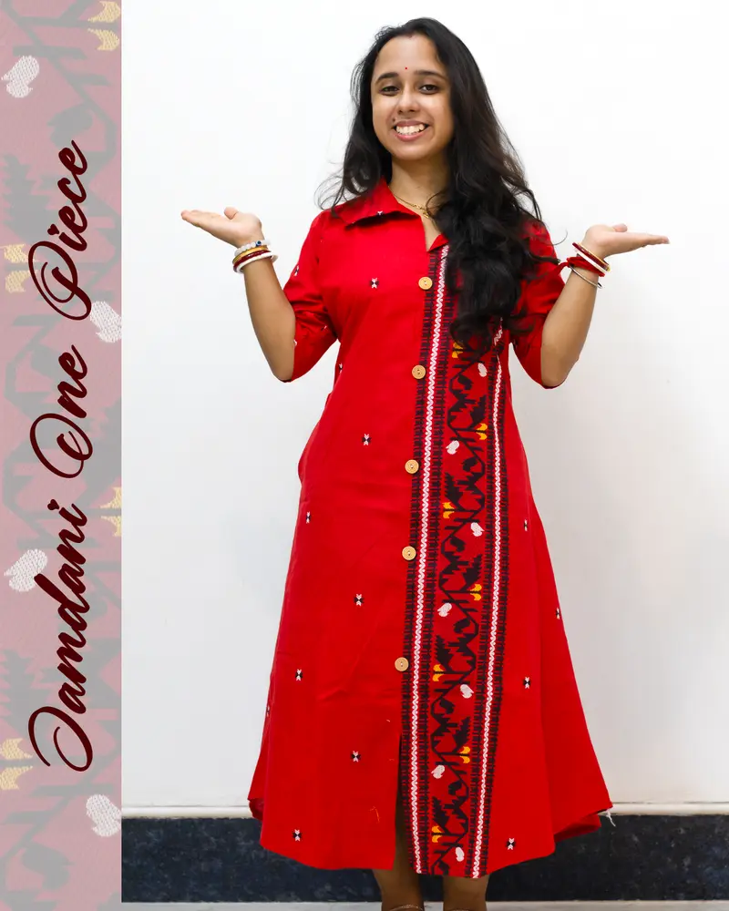 red jamdani one piece dress with black buti work