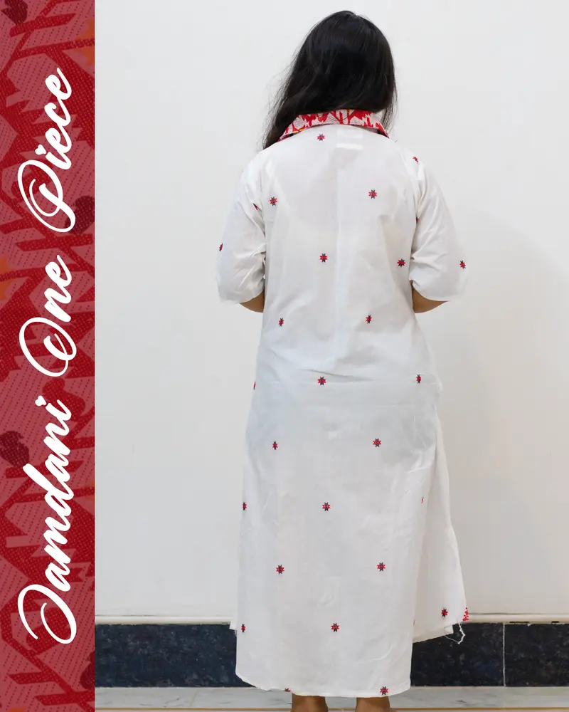 white jamdani one piece dress with red buti work