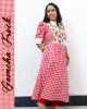Gamcha frock with floral embroidery and puffed sleeves